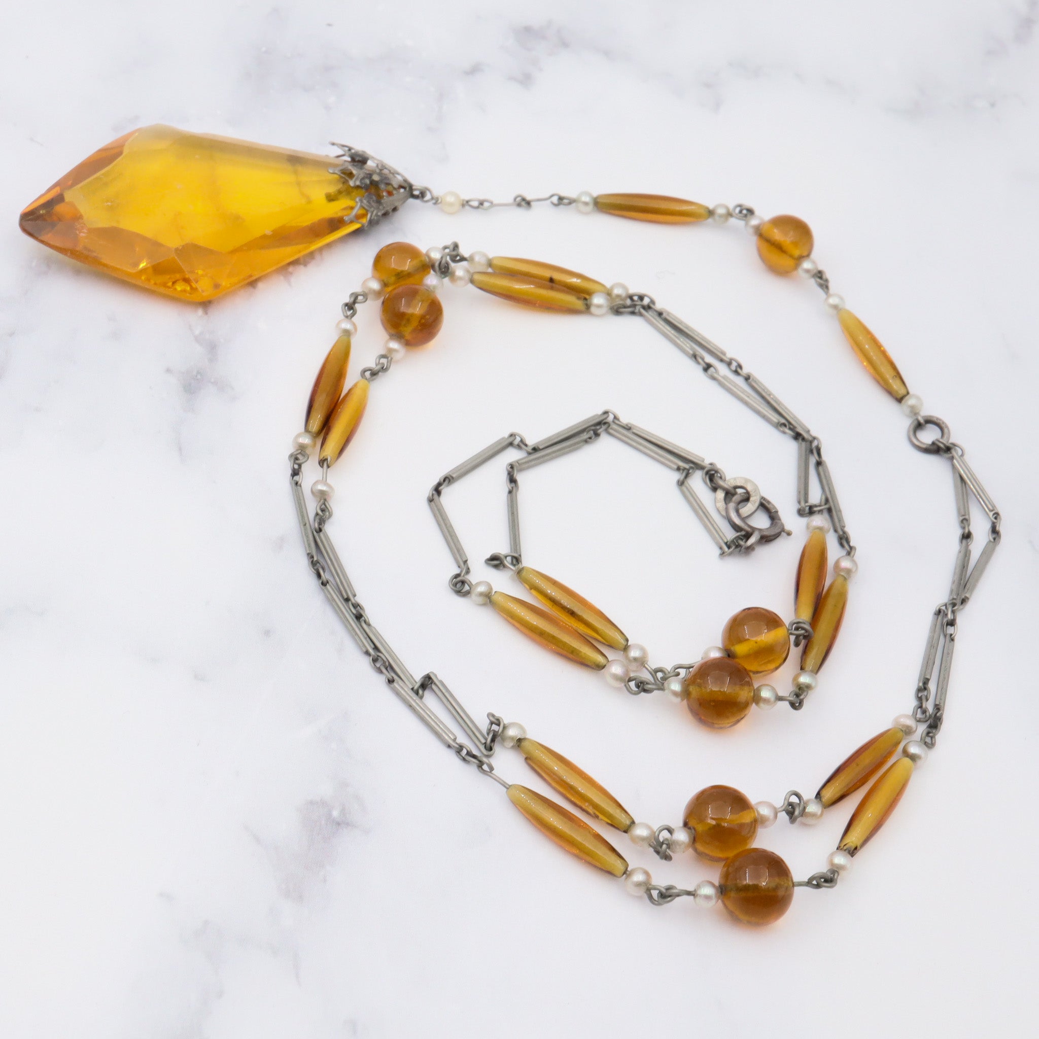 Antique German art deco sterling, amber glass & pearl necklace, 29"